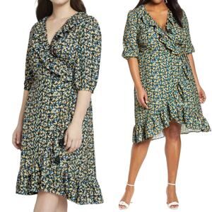 Eloquii x Jason Wu Wrap Dress V Neck Surplice Floral Patterned Ruffled Womens 14